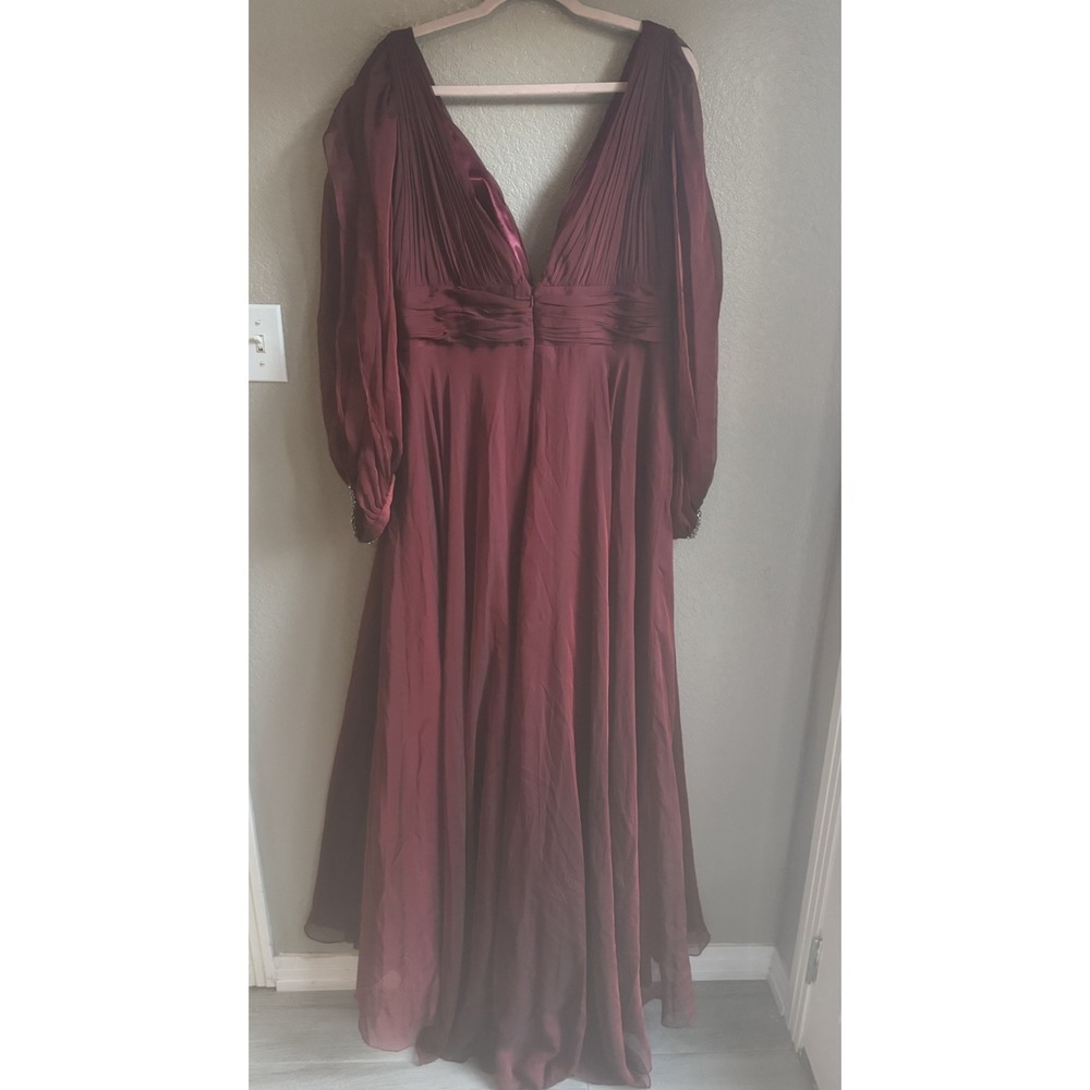 New Mac Duggal Garnet Mocha Red Chiffon Open Sleeve Formal Evening Gown Sweep 16 - Picture 6 of 7